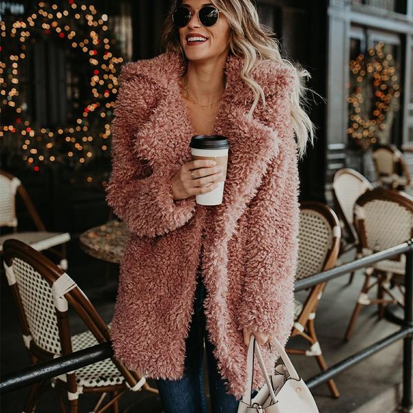 

women's wool & blends 2021 winter coat women solid loose elegant sweater long coats for female warm faux fleece outwear fashion casaco, Black