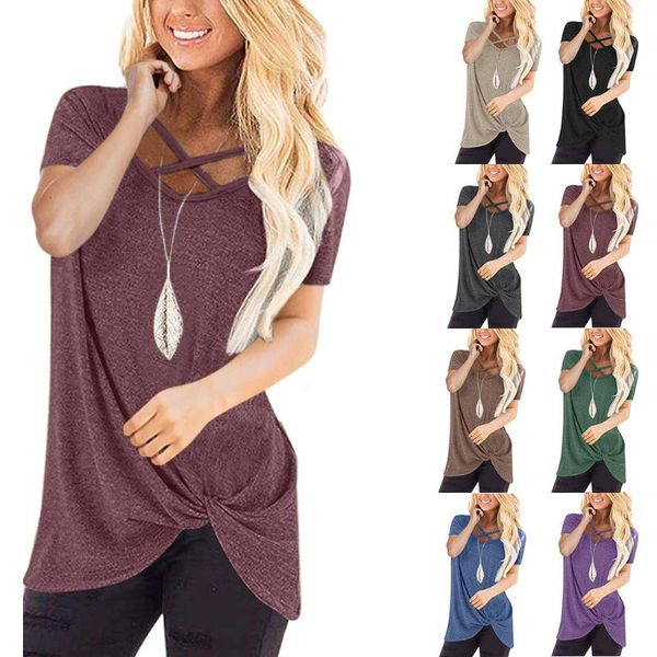 

women's t-shirt fashion cross collar knot casual women tshirt loose ladies summer female short sleeve shirt blusas pullover, White