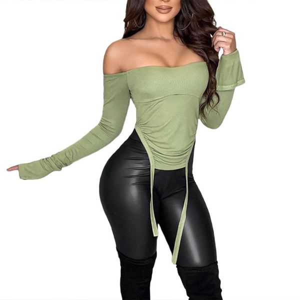 

women's t-shirt female bandage knitting women ribbing solid color boat neck short crop pullover for fall long sleeve, White