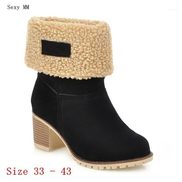 

boots winter thick high heel women mid calf shoes keep warm woman short snow small plus size 33 - 4311, Black