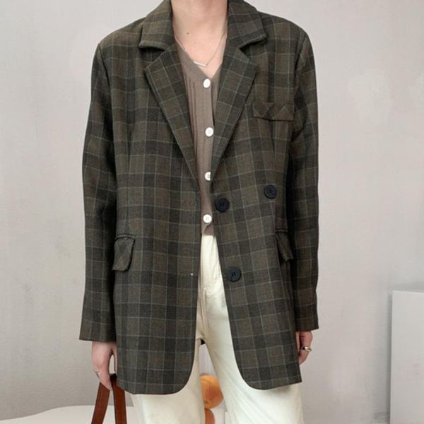 

women's suits & blazers [ewq] korea chic casual trendy women lapel check double-breasted loose fashion green long-sleeved blazer autumn, White;black