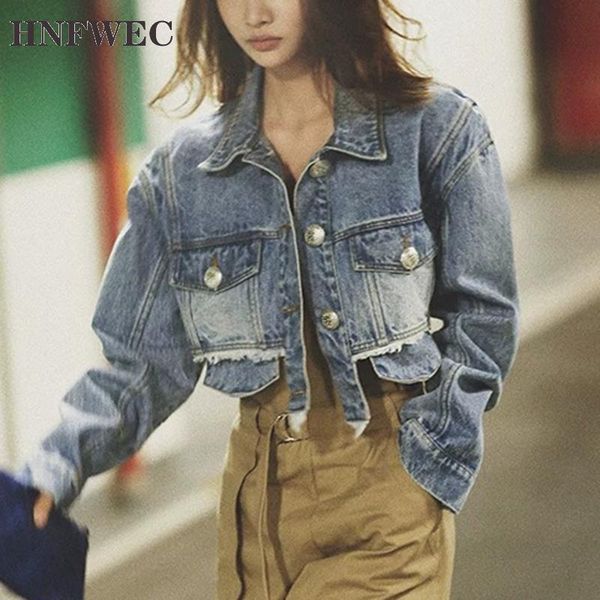 

patchwork denim coat for women lapel collar long sleeve tassel vintage frayed pockets high street coats female 2021 tide women's jacket, Black;brown