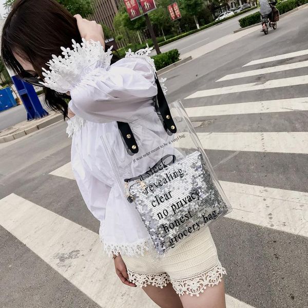 

duffel bags women's transparent son-mother travel tote 2021 fashion casual letter printed clear shoulder bag&sequin handbags set for fe