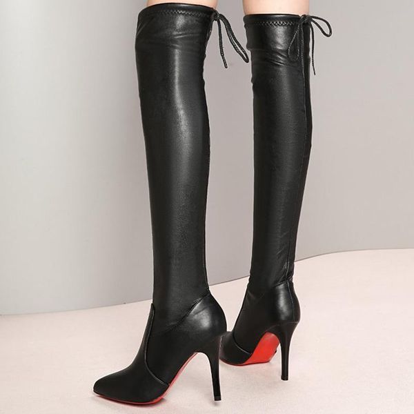 

boots 2021 woman long red bottom over the knee thin heel high heeled pointy elastic fenty beauty thigh, Black