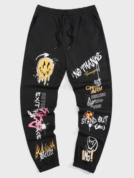 

men letter & cartoon face print sweatpants w75t#, Black