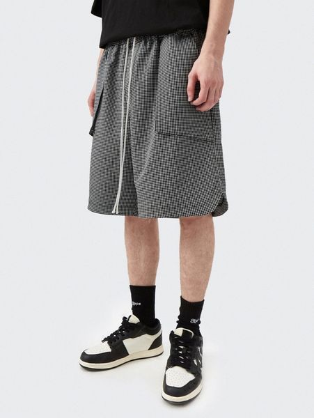 

men plaid drawstring waist shorts s2x9#, Black