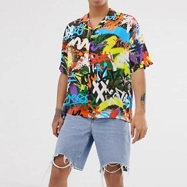 

summer men printed shirt short sleeve turn-down collar streetwear chic loose mens hawaiian shirts 2021 vacation camisa incerun men's ca, White;black