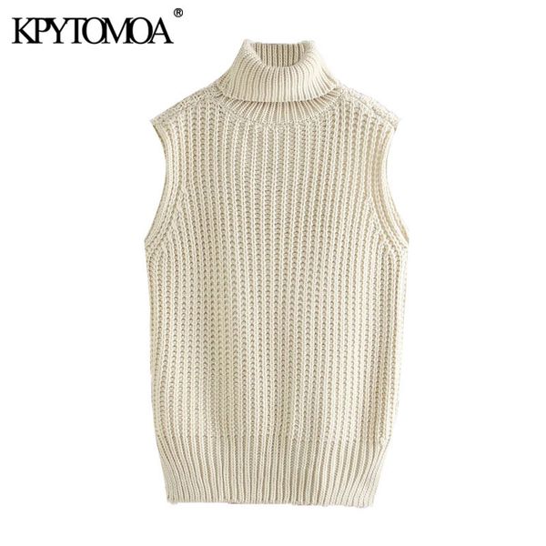 

women fashion loose cable-knit vest sweater vintage high neck sleeveless female waistcoat chic 210416, White;black