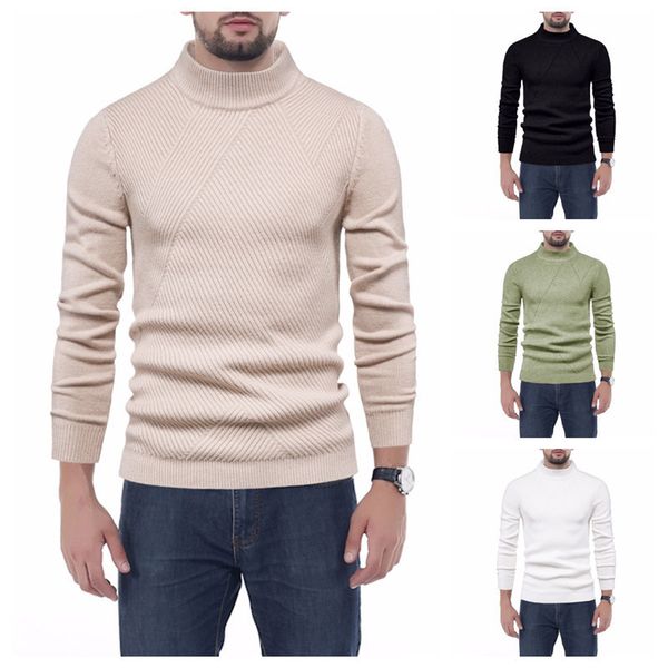 

Fashion Sweater Men's Striped Solid Semi Turtleneck T-shirt Youth Coat, White