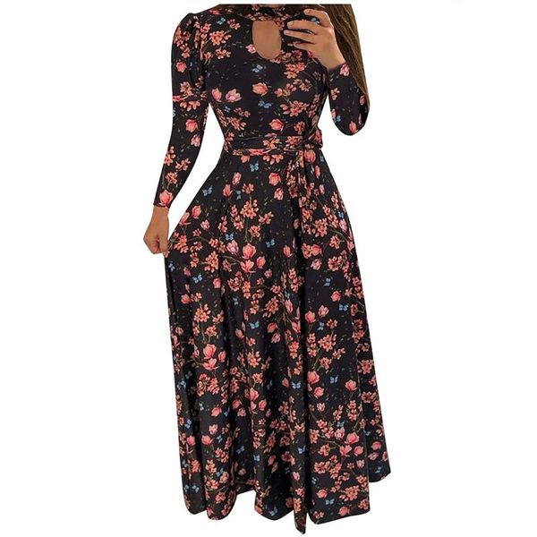 

casual dresses vintage floral print long sleeve dress summer slim women elegant bodycon party holiday maxi vestidos, Black;gray