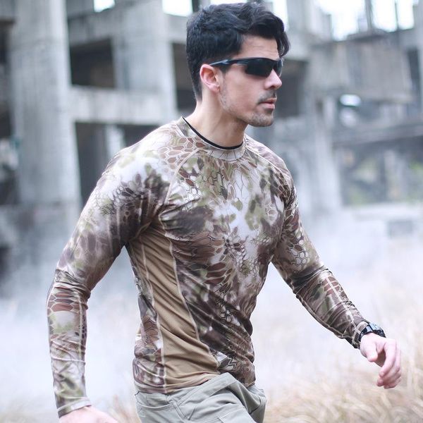 

men's outdoor tactical camouflage tight-fitting python print jacket sports riding elastic moisture wicking long sleeves t-shirts, White;black