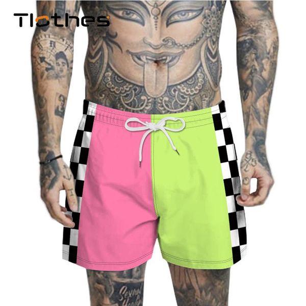 

men's shorts checkerboard patchwork bathing men summer breathable comfortable beach plaid print net inside wear, White;black