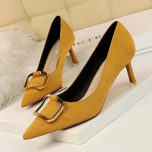 

dress shoes 2368-1 fashion professional ol women's stiletto high heel suede shallow pointed metal belt buckle single shoe, Black
