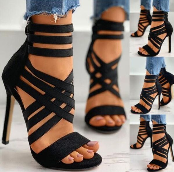 

sandals 2021 foreign trade european and american elastic band stylish peep toe high heel solid color for women, Black