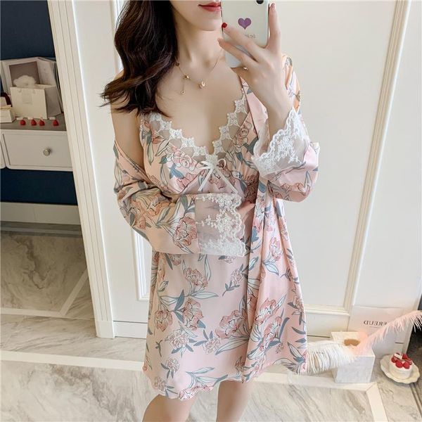 

women's sleepwear spring and autumn strap two-piece nightdress ladies thin printed silk long-sleeved ice pajamas women set, Black;red
