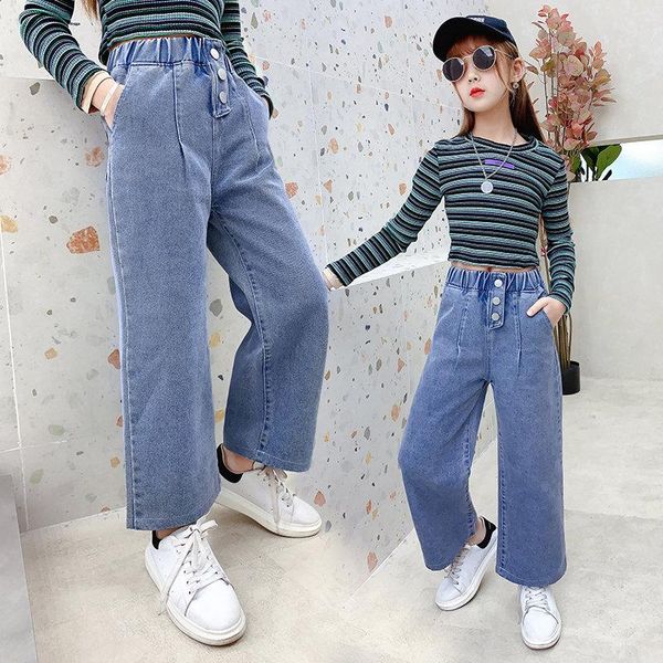 

girls jeans 2021 spring loose straight wide-leg pants fashion kids button trousers for teenager clothes 4 6 8 10 12 13 14 years, Blue