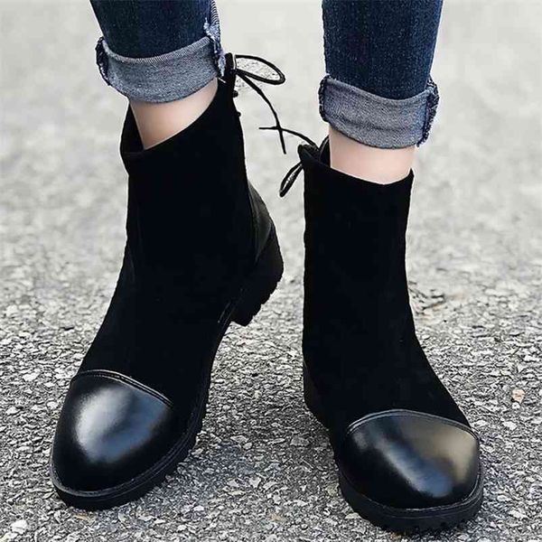 

winter women punk biker ankle boots sock lace up pu leather low heel black rubber round toe platform ladies shoes botas mujer 210619
