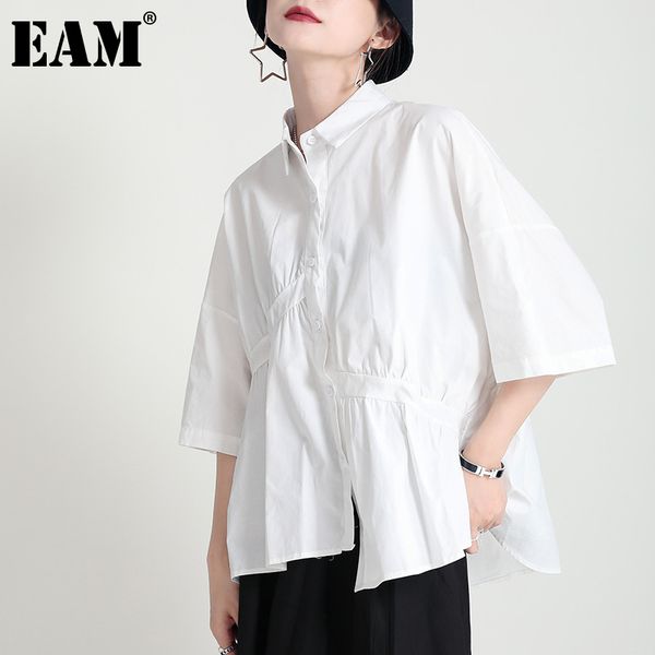 

[eam] women white irregular big size blouse lapel three-quarter sleeve loose fit shirt fashion spring summer 1dd8680 21512