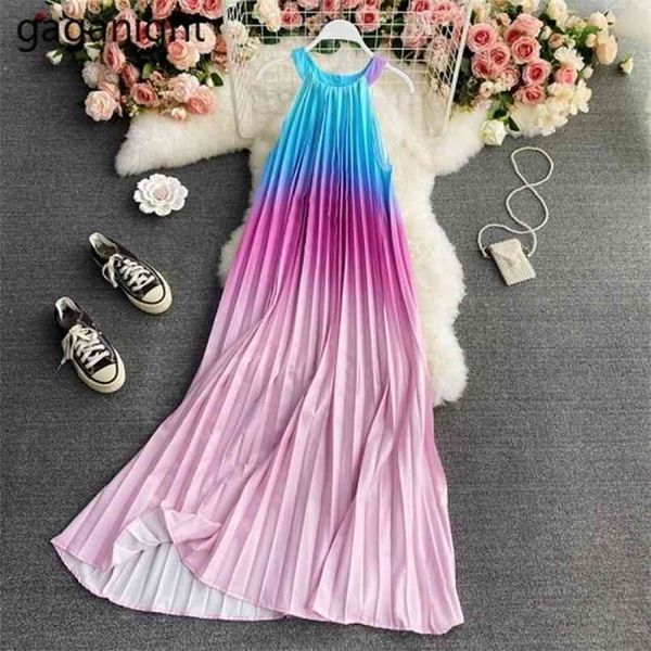 

casual loose women summer dress sleeveless halter big swing beach long o neck sling fashion vestidos 210601, Black;gray