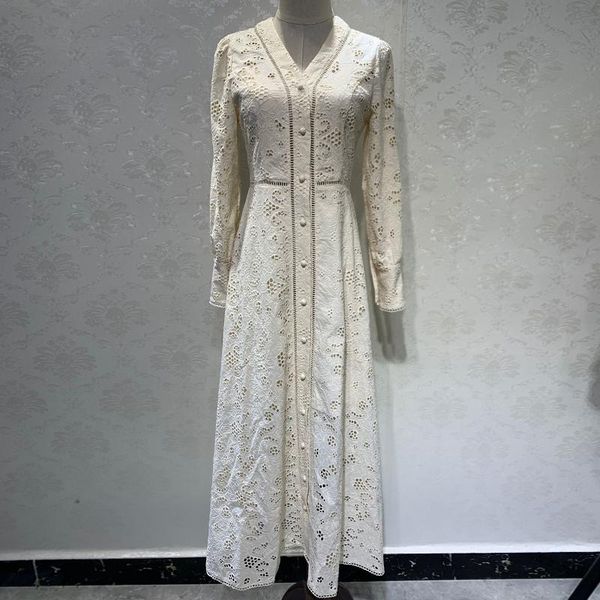 

casual dresses women vintage lace maxi dress summer embroidery hollow out long sleeve high waist tunic sashes, Black;gray