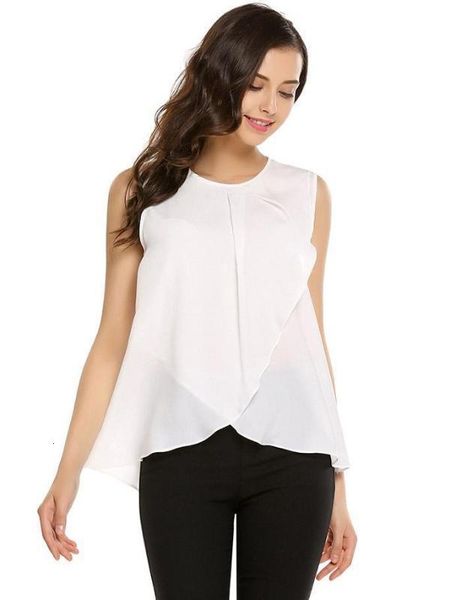 

women's & shirts summer style city casual sleeveless crew neck hollow out chiffon irregular shirt elegant blouses o-neck clothes, White