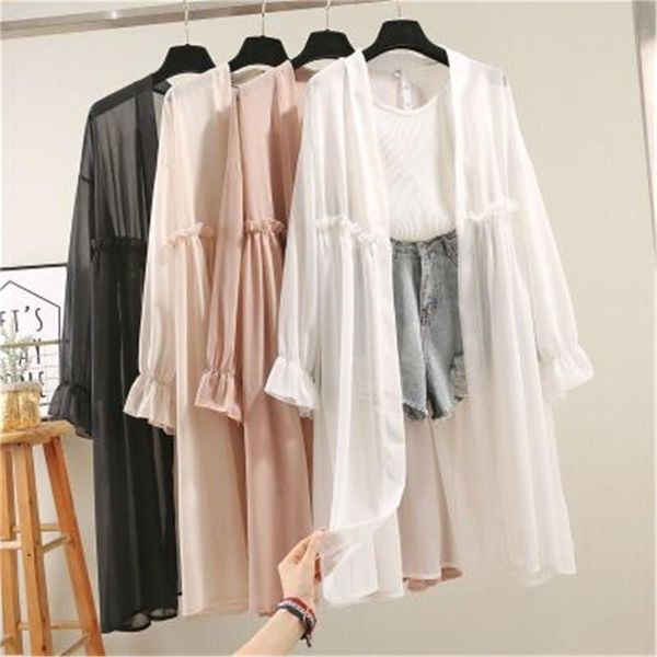 

chiffon long kimono cardigan women sweater shirt blouse spring pleated solid falre sleeve blusas summer see through shirts pz3214, White;black