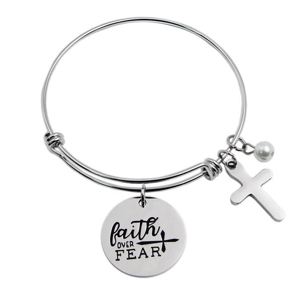 

bangle villwice bible verse faith over fear charm christian cross bracelet stainless steel adjustable inspirational gift, Black