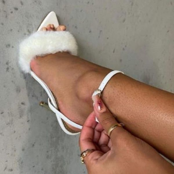 

sandals women fur pointed toe pumps buckle strap summer shoes party high heels woman female plus size 2021, Black