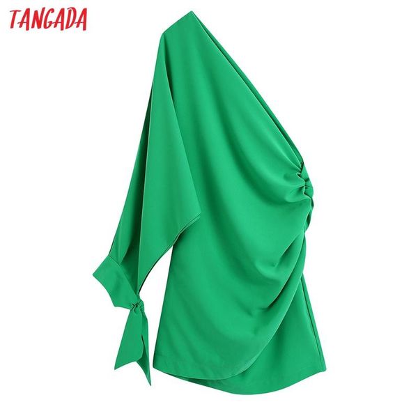 

casual dresses tangada women single shoulder green color asymmetric pleated dress female chic irregular hem brand party vestidos ce322, Black;gray