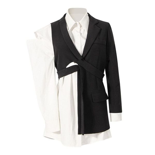 

women's suits & blazers seebeautiful irregular spliced loose blazer coat notched long sleeve belt pocket women autumn 2021 fashion tide, White;black