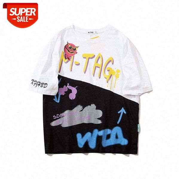 

american high street hip-hop print t-shirt loose fun cartoon graffiti short-sleeved tee couple men and women #rs5t, White;black