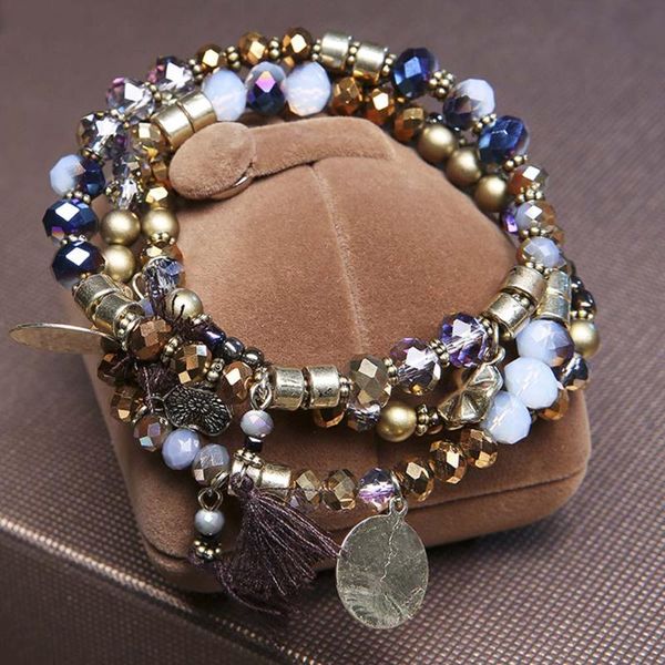 

beaded, strands fashion vintage colorful rope chain multilayer tassel pendant glass drops bracelets & bangle for women christmas gift, Black