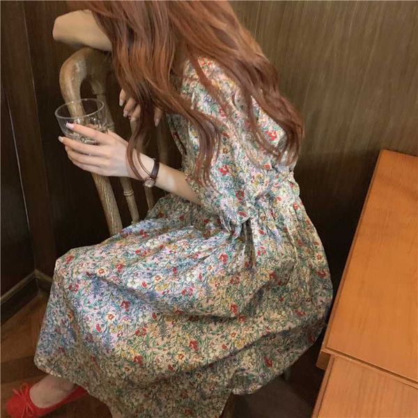 

french puff sleeve vintage floral dres summer casual korean slim midi party lady beach chiffon 210604, Black;gray