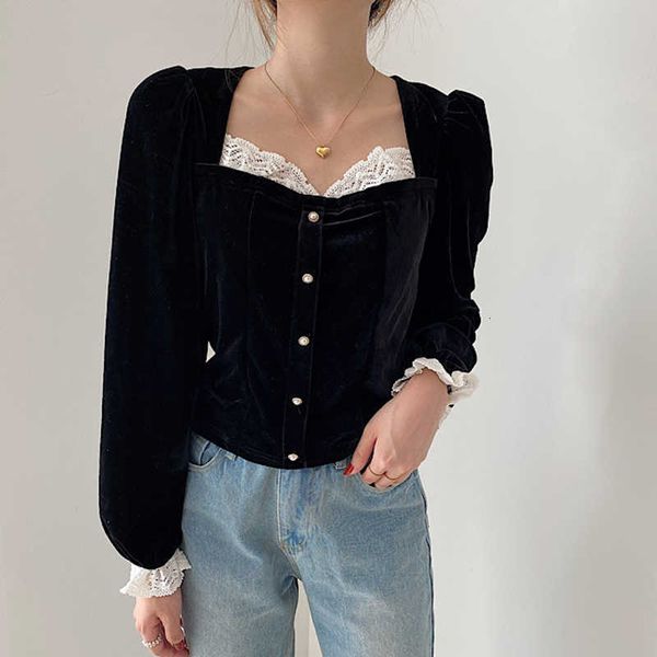 

women's knits & tees square collar lace patchwork velvet blouse women black shirts long sleeve spring elegant vintage slim pe, White