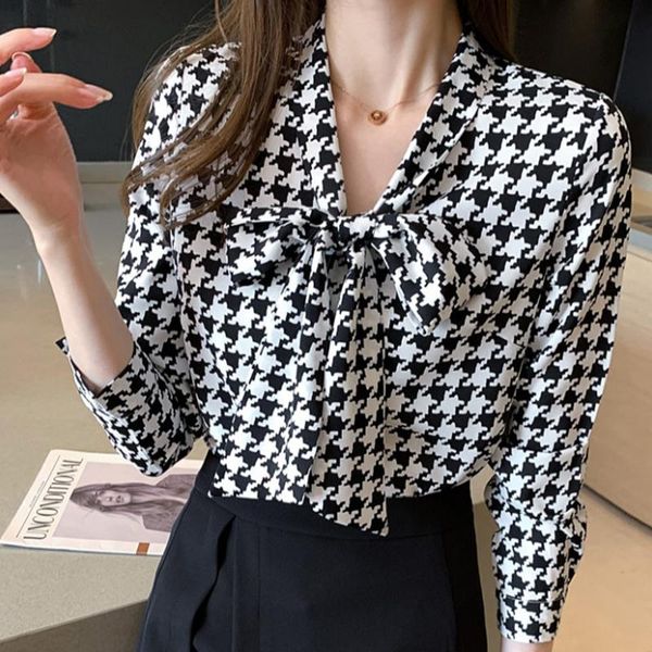 

women's blouses & shirts v-neck thousand bird check lattice blouse 2021 spring bow ribbon long sleeve chiffon shirt 831b, White