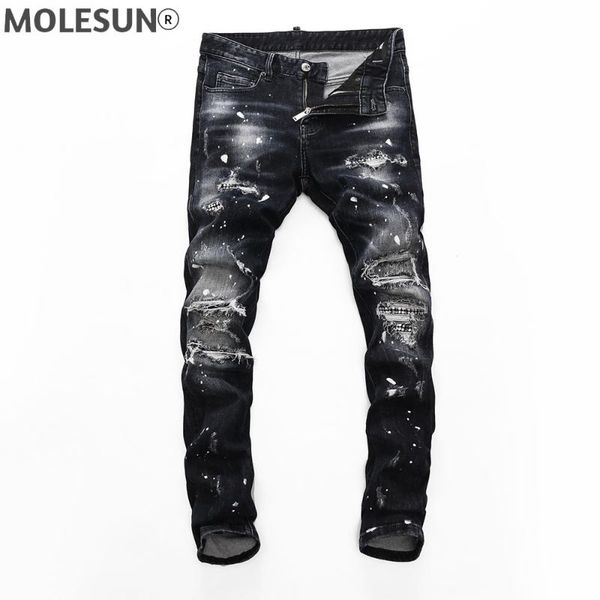 

men's jeans brand european style mens slim elastic men straight denim trousers zipper patchwork black hole for 8247, Blue