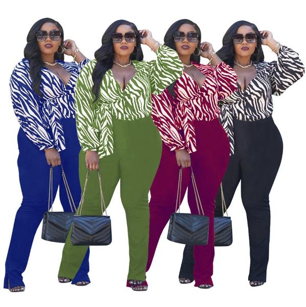 

women's two piece pants plus size elegant print set v neck long sleeve lace up pencial panst casual outdoor hipster streetwear 2021 out, White