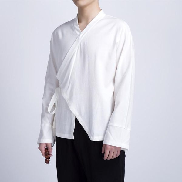 

men's casual shirts ewq / autumn winter 2021 flare sleeve v-neck open stitch bandage solid loose shirt man's chinese personality b, White;black