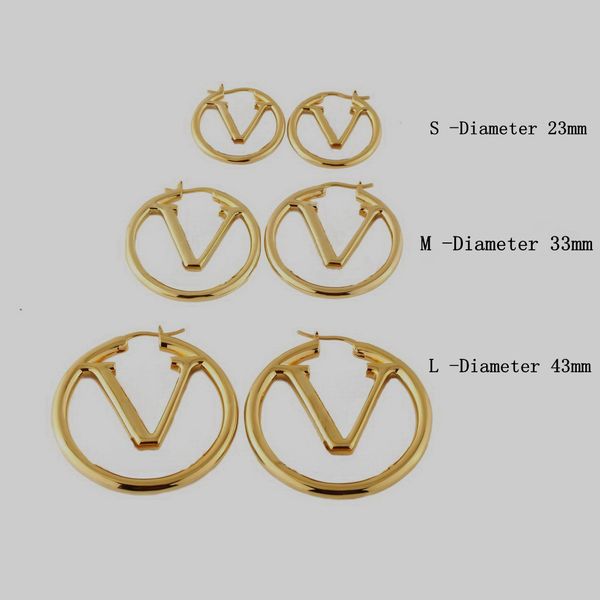 

fashion style stud earrings lady women gold/silver-colour hardware engraved hollow out v initials hoop earring original box, Golden;silver