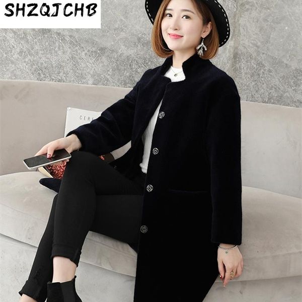 

women's fur & faux jchb 2021 plus size real wool coat women winter jacket sheep shearing clothes stand collar korean 5xl abrigo mujer k, Black