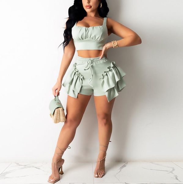 

women's tracksuits 2 pieces sets womens outfits shorts plus size 4xl 5xl solid crop & short pants ruffles green bodycon matching b, Gray