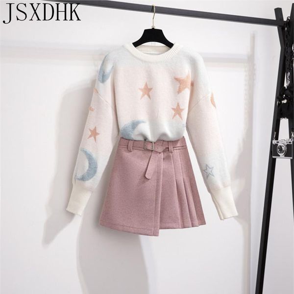 

women's tracksuits chic stars and moon jacquard o-neck long-sleeved loose warm sweater 2 piece belt woolen pleated pink mini skirt sets, Gray