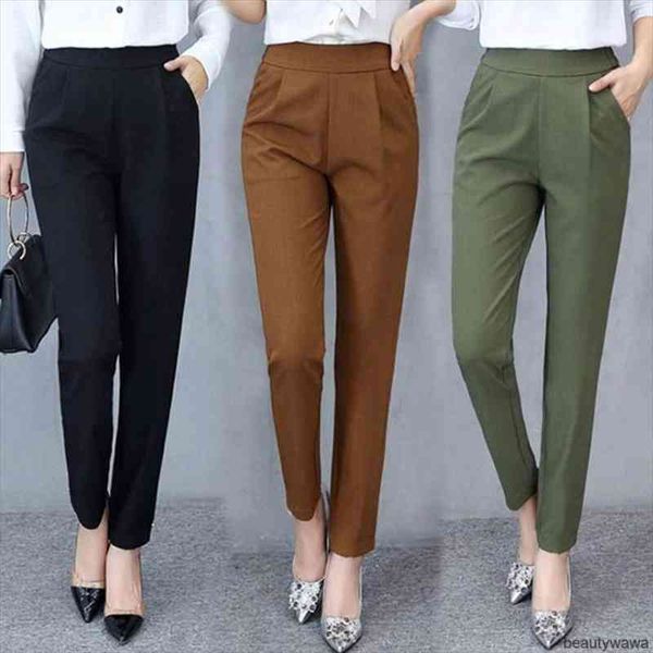 

women office ladies harem pants solid color women high waist pockets pencil long pencil trousers oversize bottoms, Black;white