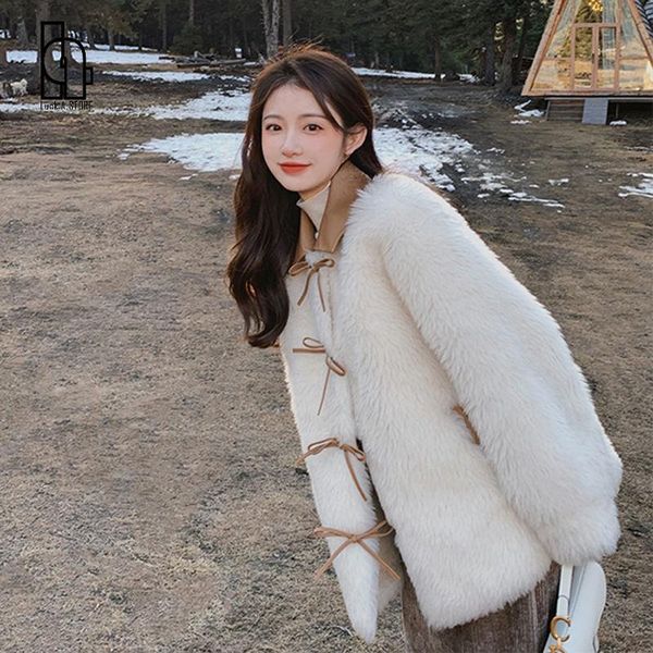 

women's fur & faux jacket women coat autumn and winter loose bow imitation cotton-padded veste femme, Black