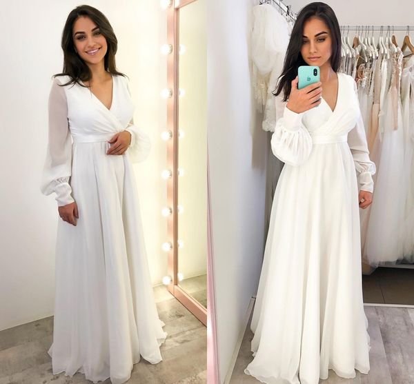 2021 Boho Lange V-ausschnitt Hochzeit Kleid Chiffon Einfache Puff Ärmeln Bodenlangen Elegante Charmante Robe De Mariee Vestido