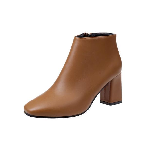 

boots women's square toe ankle thick heel high heels shoes woman female zipper botas mujer, Black