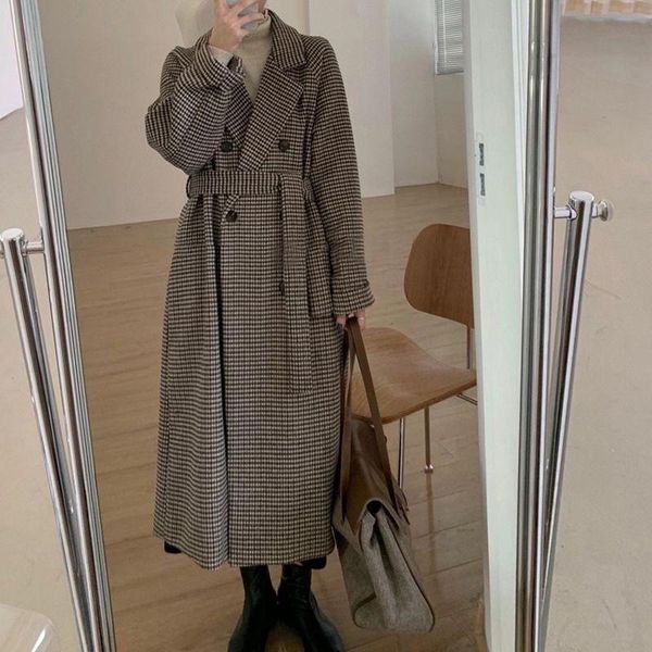 

women's wool & blends plaid woolen coat autumn winter korean style jacket women overcoat grey brown mature office, Black