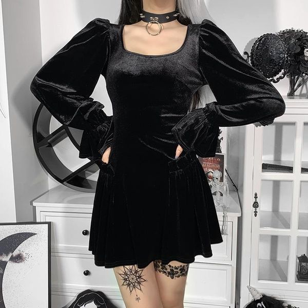 

casual dresses fall black dress fashion gothic party long puff sleeve square neck woman a-line girl cute female, Black;gray