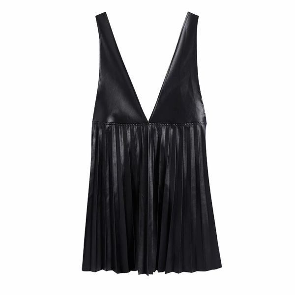 

2021women pu leather deep v neck pressed pleat splicing mini dress female sleeveless clothes casual lady loose vestido d6967, Black;gray