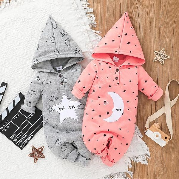 Baby girl star moon druck kapuze overalls fall kinder boutique kleidung 0-2t neugeborene säugling kleinkinder kleidung crawl bodysuit süß